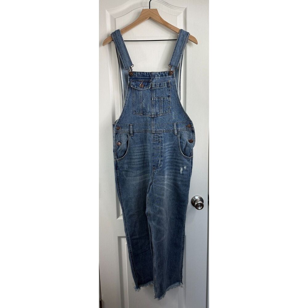 Rewash Juniors Blue Jean Denim Overalls Distressed Frayed Hem Size 5 / 27